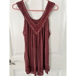 Lapogee Womens 2X Burgundy Crinkle Sequin‎ Embroidered Boho Tunic Tank Top